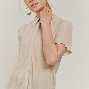 Tan and Cream Button Down Shirt with Peter Pan Collar